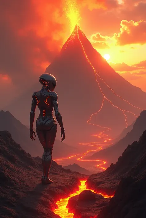 Alien robot climb vulcano fire sun hot lava