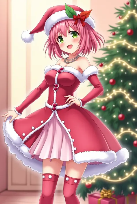 Mitsuri Kanroji beautiful anime woman smiling green eyes pink hair and green tips medium dress of Santa Claus pink and white long pink boots, standing full body anime style light pink background with golden lights and a beautifully decorated Christmas pine...