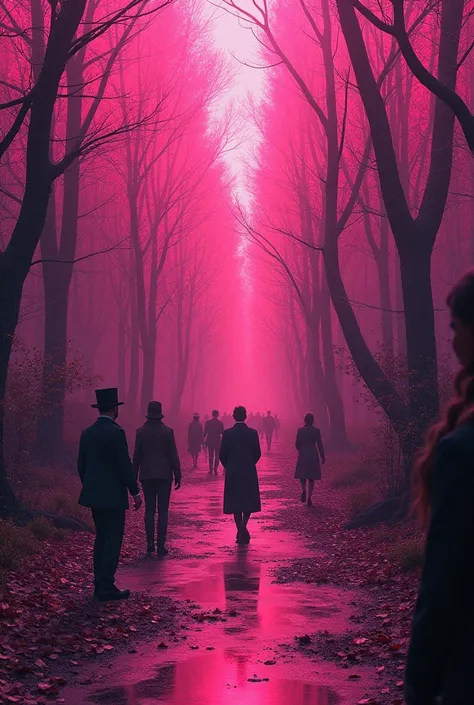  Create an image by merging historical facts, using neon pink shades 
