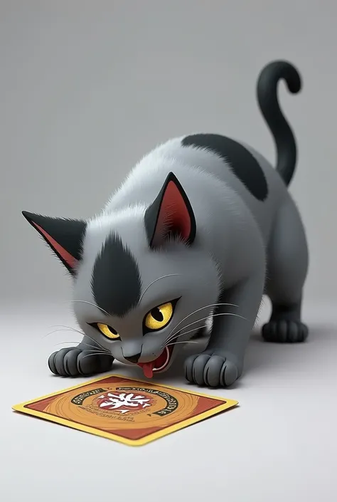 Un chat gris avec des traces noires qui croque une carte pokémon version logo pour une entreprise 