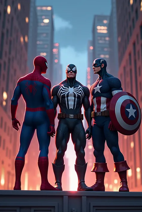 A striking illustration featuring Spider-Man, Venom, and Captain America standing together in awe. Spider-Man is in his classic red and blue suit, Venom appears with his muscular black form and white spider emblem, and Captain America holds his iconic shie...