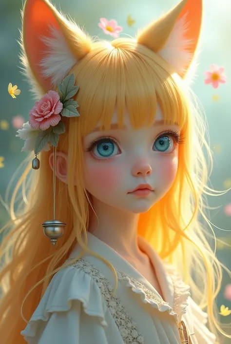 1girl, Long Hair, Bangs, Blue eyes, Blonde Hair, Animal Ears, Hair Clip, Hair Flower, Fox Ears, Bell, 