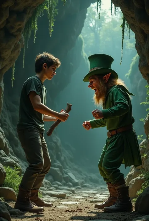 16-year-old man with a branch in his hand in a fighting position inside a cave and 
In front of him a leprechaun with an angry expression on his face and a straw hat in a fighting position