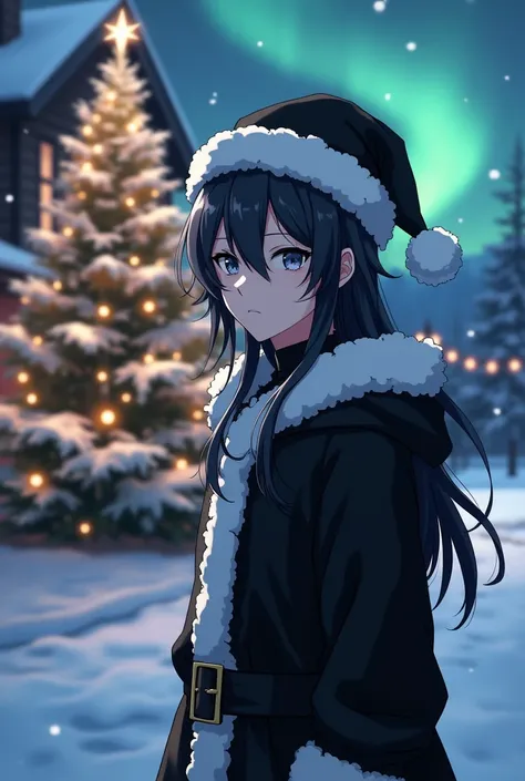 A 
Trans man he is wearing a black and white Santa Claus costume with a black and white Santa Claus hat the costume everywhere outside his house there is snow it is dark outside you can see northern lights in the sky he has long black hair grey-blue eyes a...