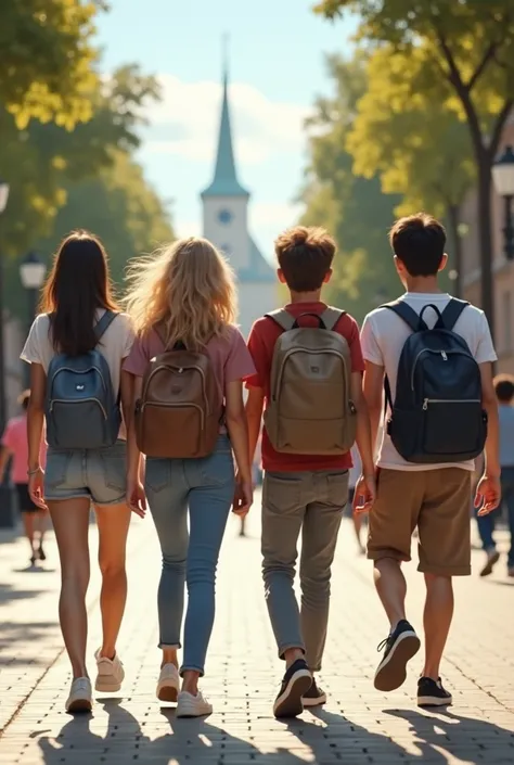  two teenage girls walking through a square one of them who is blonde with fair skin and the other brown and fair skin and four teenage boys, one tall with fair skin and brown hair, and two with fair skin and black hair and the other with black hair and br...