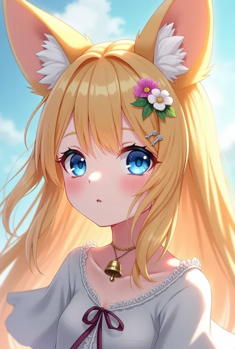 1girl, Long Hair, Bangs, Blue eyes, Blonde Hair, Animal Ears, Hair Clip, Hair Flower, Fox Ears, Bell, Anime, Anime Style, 