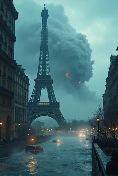 
 Create a cinematic cityscape, A huge monster in the sea , Flooded half of the high-rise buildings , Paris Eiffel Tower falling, Faint lights and giant tsunami waves hit the citys skyline.  The lens must capture the absolute power and destructive power of...