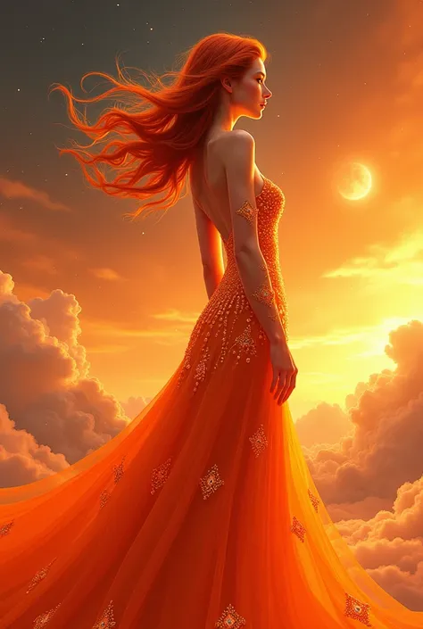 Cosmic Beauty Fiery Orange Evening Dress Embroidered with Orange Diamonds, Farah Hair, Cartoon