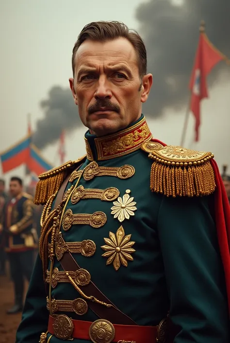 A close-up portrait of General Paskevich, a 19th-century military leader. He wears an ornate military uniform with golden epaulets, medals, and a determined expression. Behind him is a faint battlefield background with smoke and banners waving in the wind,...