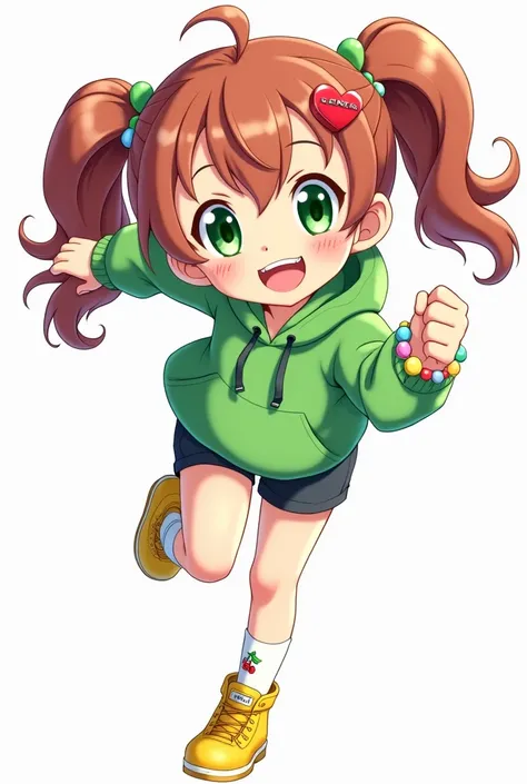 Anime ,Brown reddish hair in two loose pigtails and a heart clip on the head,green eyes,freckles and braces on her teeth.She is energetic,she is wearing a green hoodie and short,socks with cherries and Yellow shoes,on her left arm she has a bracelect made ...