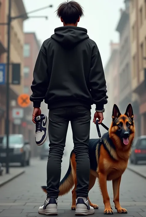 A young brown man with his back  , with straight hair with one hand clutching an Air Force 1 sneaker and with the other hand clutching a leash of his German shepherd dog wearing a black urban style sweatshirt 