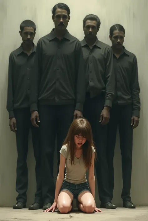 1 girl with brown long hair wearing unmarked shorts and cropped crying with her knee on the floor and 4 tall men with their faces stretched out to her with their faces slightly blurred on the back in normal clothes