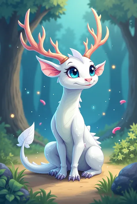 white dragon with blue eyes and antlers cartoon