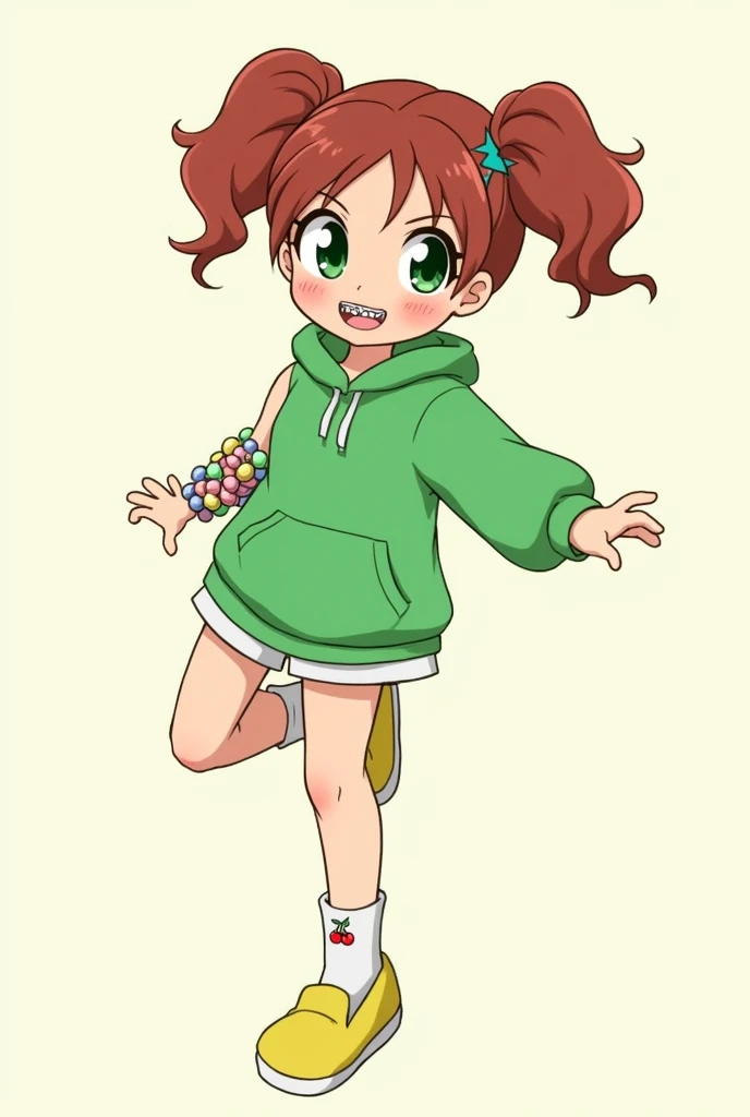 ,Brown reddish hair in two loose pigtails and a heart clip on the head,green eyes,freckles and braces on her teeth.She is energetic,she is wearing a green hoodie and short,socks with cherries and Yellow shoes,on her left arm she has a bracelect made out of...