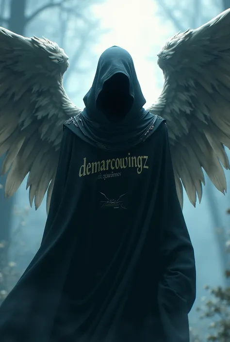 An angel winged, shadowfaced shinobi with the words “DemarcoWingz” written across the chest Anime Style, Accurate, Best Quality, HD, 