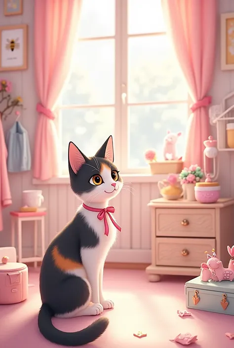 For my Facebook page profile, I’d like a pastel pink manhwa-style background with a cozy room setting. The room should have clothes, makeup, and organizers, along with a picture frame featuring a bee on the wall. I want a super cute calico cat (black, brow...