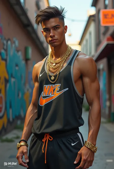 A young man dressed as a Nike, gold chains