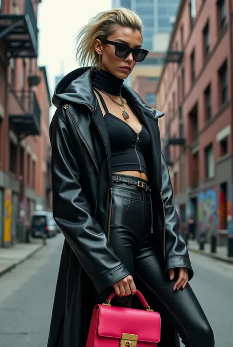 A high-fashion editorial photoshoot featuring a striking female model dressed in a futuristic, sci-fi inspired outfit. The outfit incorporates cutting-edge fashion elements like sleek metallic fabrics, reflective surfaces, and advanced tech-inspired detail...