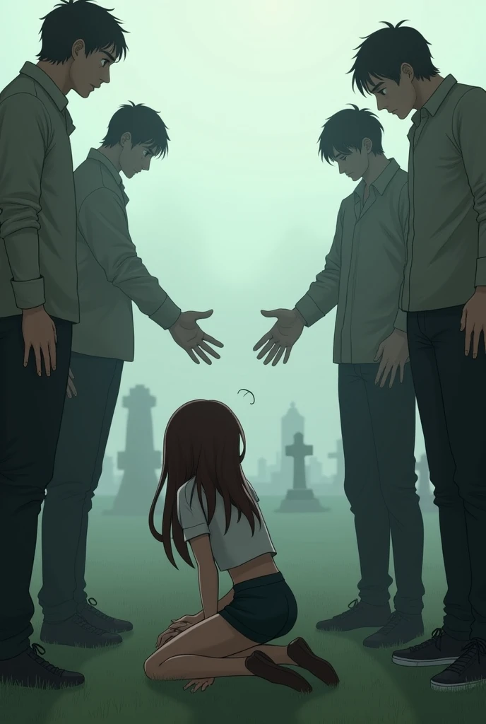 1 girl with brown long hair wearing unmarked shorts and cropped crying with her knee on the floor and 4 tall men with their faces stretched out to her with their faces slightly blurred on the back in normal clothes The men all held out their hands to her t...