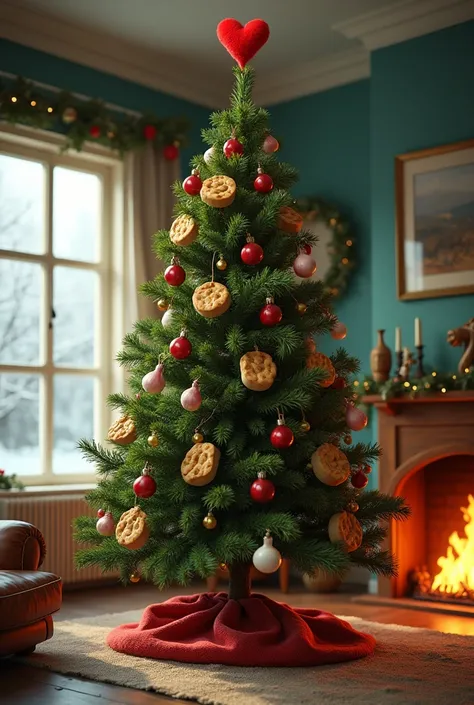 A large Christmas tree with bread at its base, from which loaves hang , whole onions hanging down the stem and two hearts on the top of the tree,  against a background of a living room with a fireplace and a window where you can see snow fall