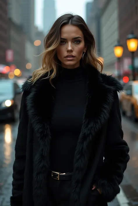 A woman wearing a black turtleneck sweater with a black fur coat, gold ring, brunette with dyed blonde hair, Julia Sarda, Christina Kritkou, black turtleneck, wearing turtleneck and jacket, portrait of Kim Kardashian, inspired by Gina Pellón, tanned Ameera...