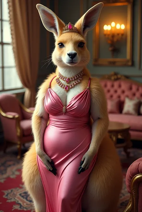 Big full blonde kangaroo with sexy dress
 pink necklace and crown in luxurious house 