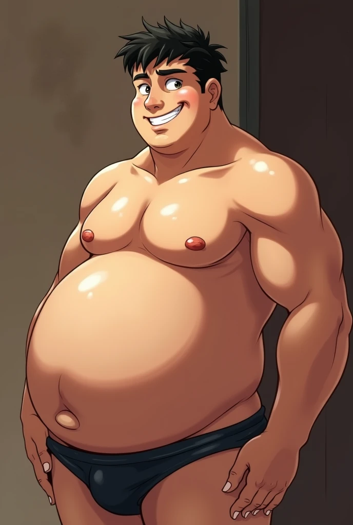 anime young mexican azteca guy with a big belly showing off his belly, chubby! white, front pose, chubby!!, belly round and cool, handsome anime pose bare belly, his belly is front, belly round!!!, black hair, wet body, glistened body, wet tight loincloth,...