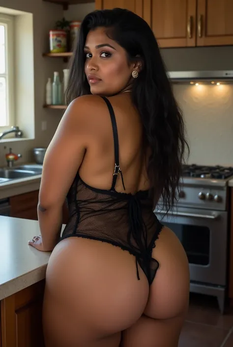 Natural photo of A curvy fair indian girl in her black net nightie with long fox tail Buttplug , working in a kichen, Large breasts, Crescent Earrings, fake Rabbit Ears, Long Hair, Black Hair, large ass, booty, chubby breast, slim waist,