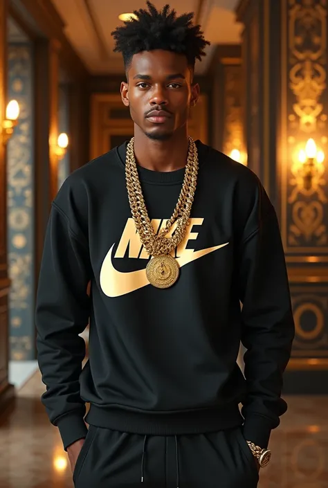 A young man dressed as a Nike, Gold chains in front of a luxurious man 