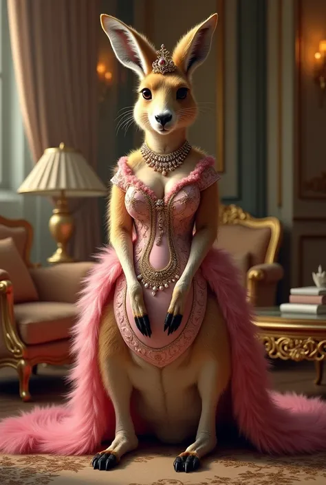 Big full blonde kangaroo with sexy dress
 pink necklace and crown in luxurious house 