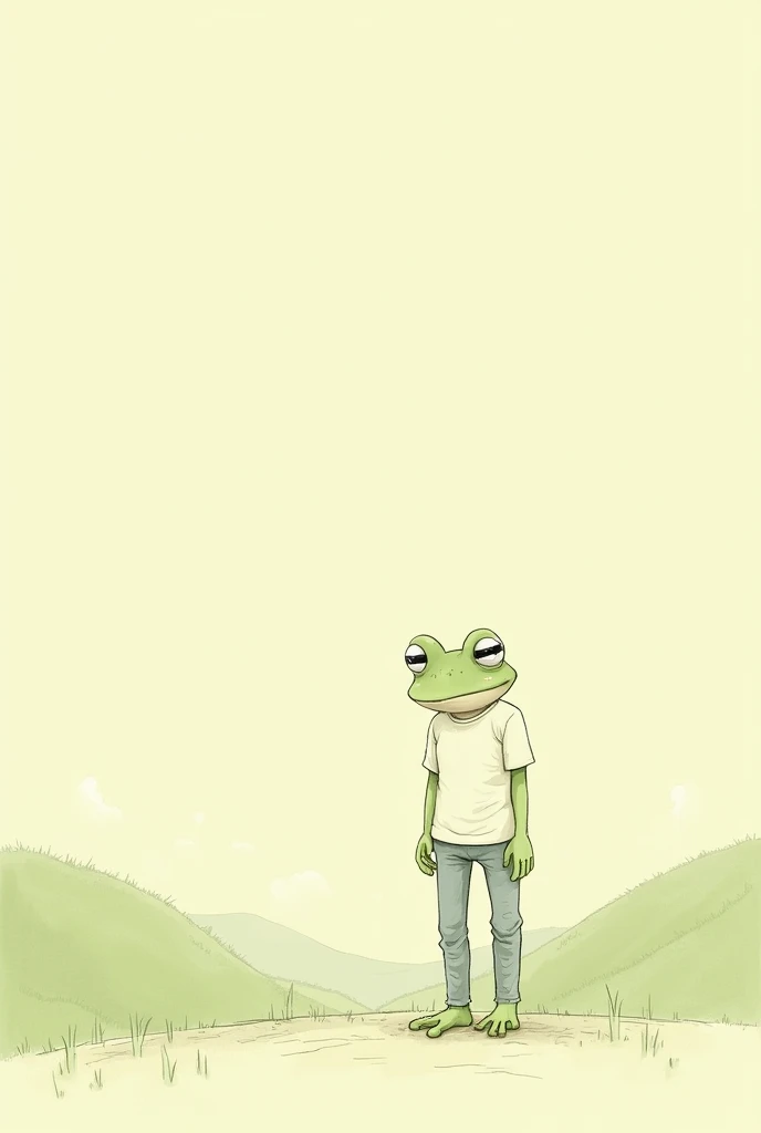  Minimalist illustration light tones ,  colors cream pencil-style of a frog standing on two legs, humanoid, with clothes, with jeans, shirt, looking towards the floor sad , In the background a green valley , sky and clouds, seen from the side