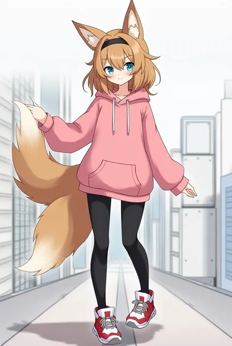 mobian, female, fox, brown fur, blue eyes, open pink hoodie,  black leggings, sport shoes, city, detailed, masterpiece, breasts, hips, half-closed eyes, looking at the viewer, long hair, messy hair, slim body, standing, leaning forward, sport shoes, fox ea...