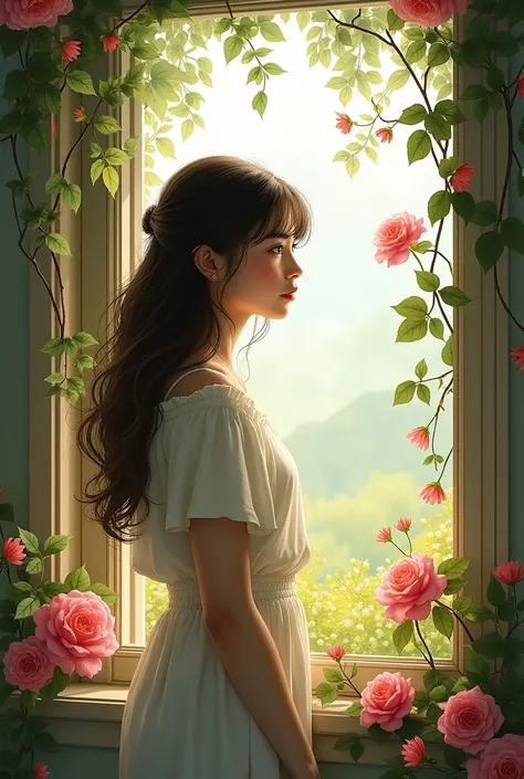 The girl at the window with flowers