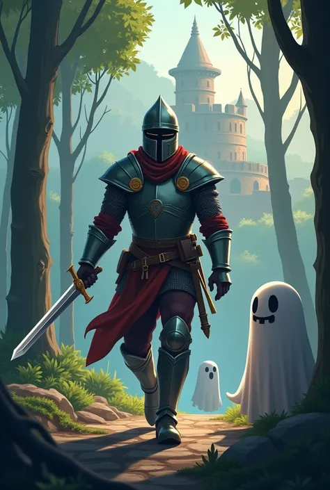 create an image for the cover of a video game called CATENA, it must include the main character in attack movement, with a sword in his hand going forward, in a forest with few trees, in the background there is a visible wall of a type of Colosseum, and ne...