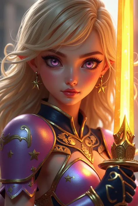 young woman, eyeliner, no dark circles, doll-face, shiny lips, determined eyes, pretty face, big eyes, clean cheeks, shiny eyes, colorful eyes, determined look, battle pose, blonde hair, black hair, perfect face, fire sword, golden armor, purple armor, blu...