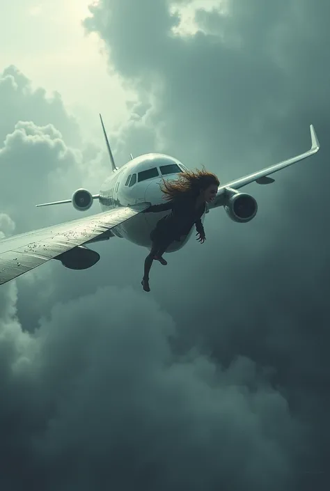 A plane in the clouds flying with a frightened person 
Clinging to the wing 