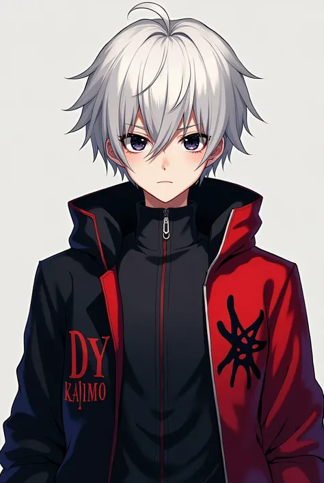  masterpiece ,  better quality ,  illustration, A young anime type , Alone,  male approach,  looking straight ahead ,  Known _Kaneki,  white hair ,  black eyes with the initials DYNMO on his jacket.Ninety-four