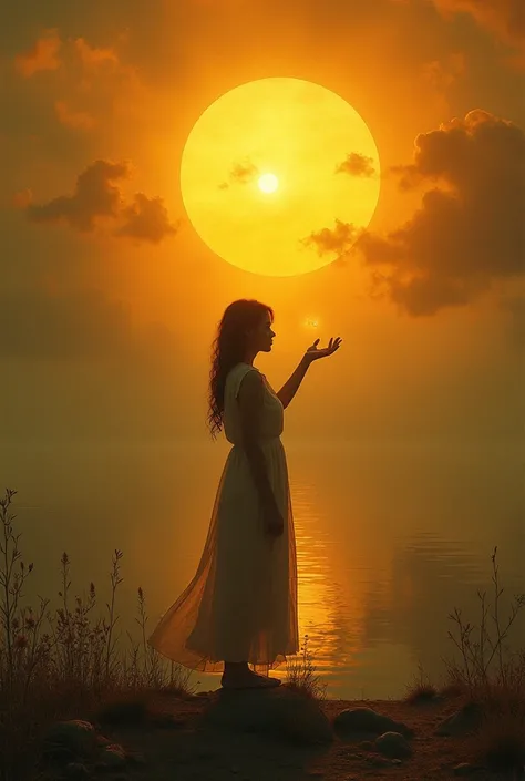 (masterpiece, absurdres, high resolution, ultra detailed), A woman stands alone, lost in thought, as she holds out her hand, releasing the sun from her grasp, its radiant glow slowly fading away, no longer warming her skin, its rays now tinged with a melan...