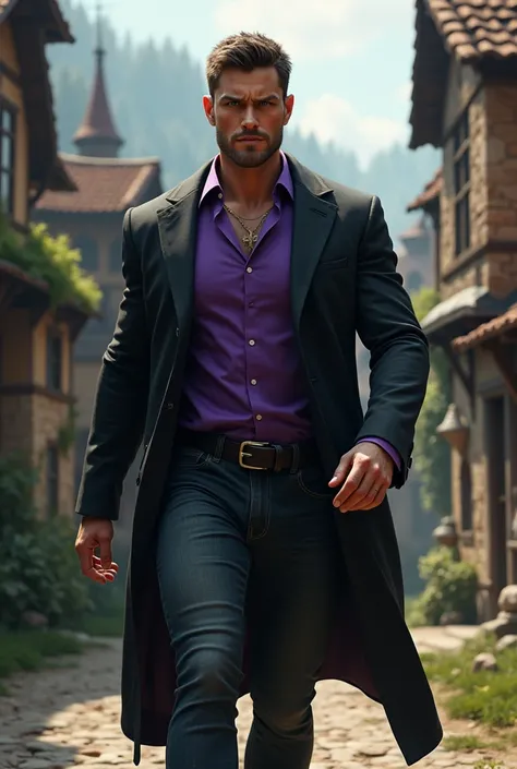 Handsome tall man with silken deep tan skin, short brown hair, a sharply angled face, a strong jaw and prominent cheekbones. Serious blue eyes. Broad shoulders, a tapered waist, and corded muscles. tall. He wears a purple shirt and a black coat as he moves...