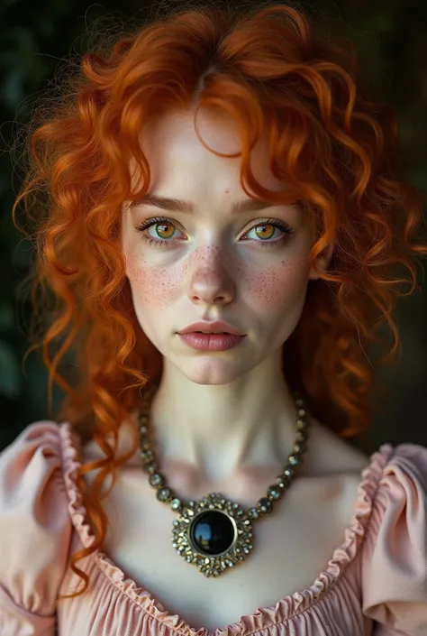  light skinned,  golden-orange eyes ,  many freckles on the face , crooked nose, curly red hair,  wearing a light pink Renaissance dress with an eclipse necklace.