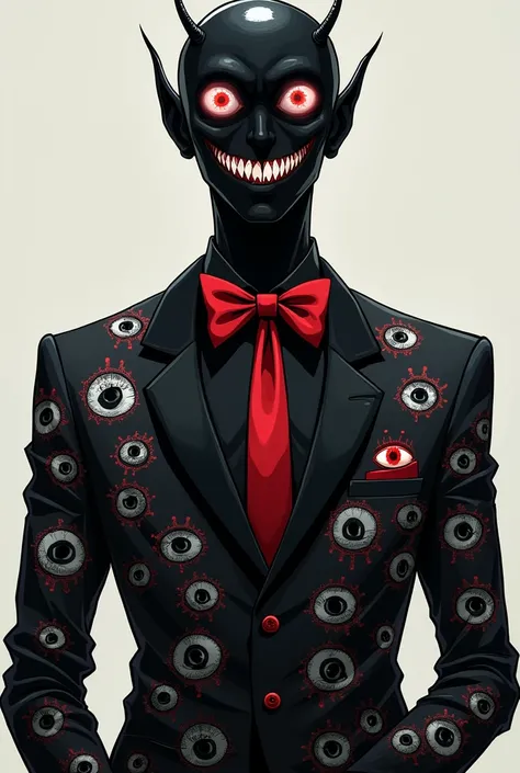 Anime man, with black suit, black shirt underneath, red vertical bowtie, eye patterns across his entire suit, black gloves, black head with three eyes and a large mouth