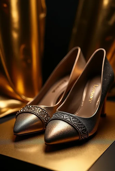 Deluxe and chic with a royal and shiny design, using metallic shades of gold and black for a sophisticated, expensive appearance shoes with brand name LUMOS.