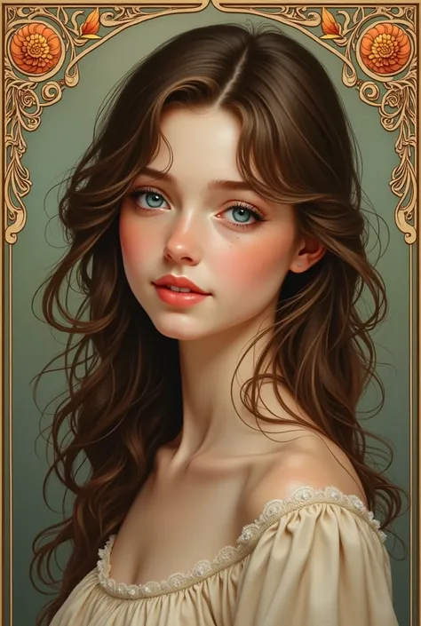 1girl, Smile, Blue eyes, Brown Hair, Best Quality, Anatomically Correct, Makeup, Tearing Up, ((Art Nouveau))