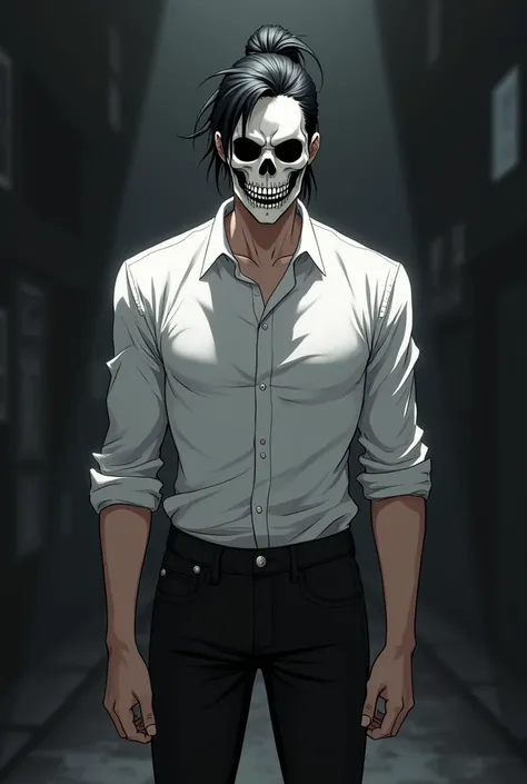 Anime man with jet black hair put into a ponytail, white shirt, black jeans and a skull mask