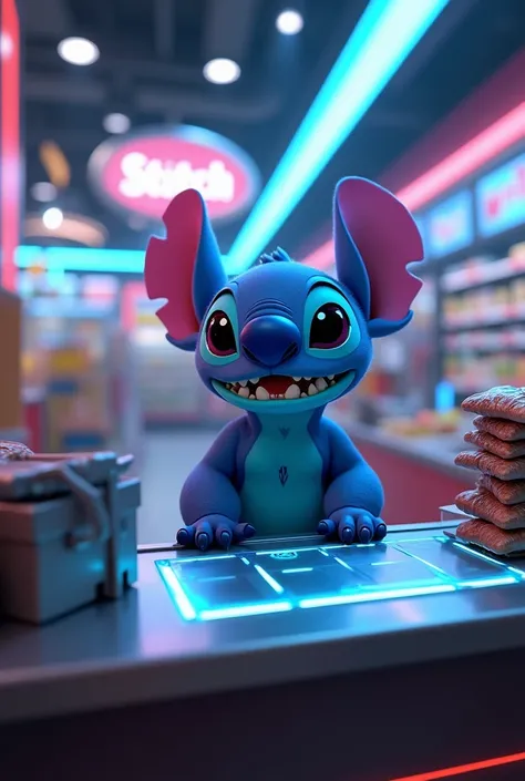 Stitch working as a cashier