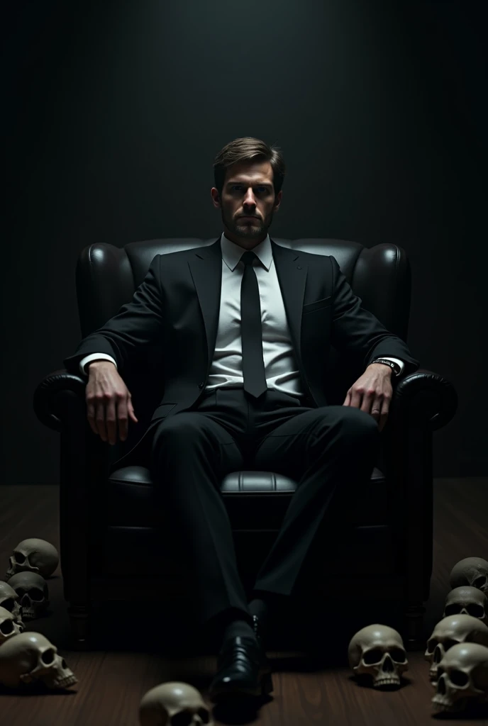 Alex Pettyfer .  Hes dressed in a suit sitting on a black leather armchair . The light is very dim,  The room is dark but you can see his face . His gaze is defiant.  
  His hands on both armrests and hes lying on the couch  . 
  On the floor there are sku...