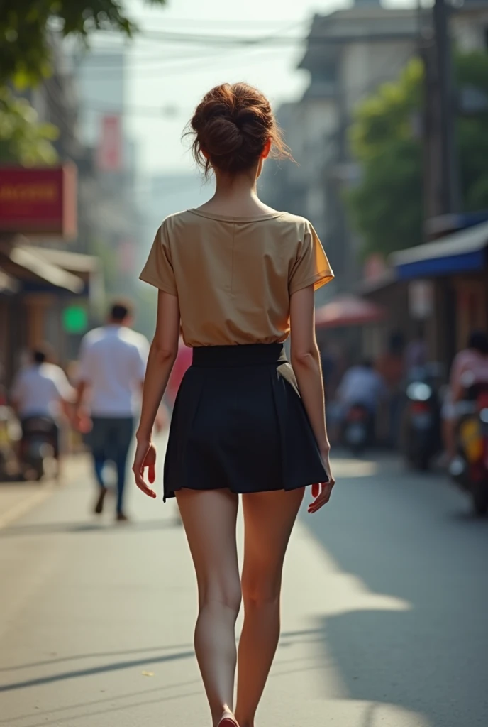 Distant shot, full-length view, real photo, beautiful European woman aged 20, dark auburn brown hair, fringes, short hair, plaited bun, medium bust (95C), relaxed, ((extreme detail of the skin)), back view, full body, she is walking in a street in Bangkok,...