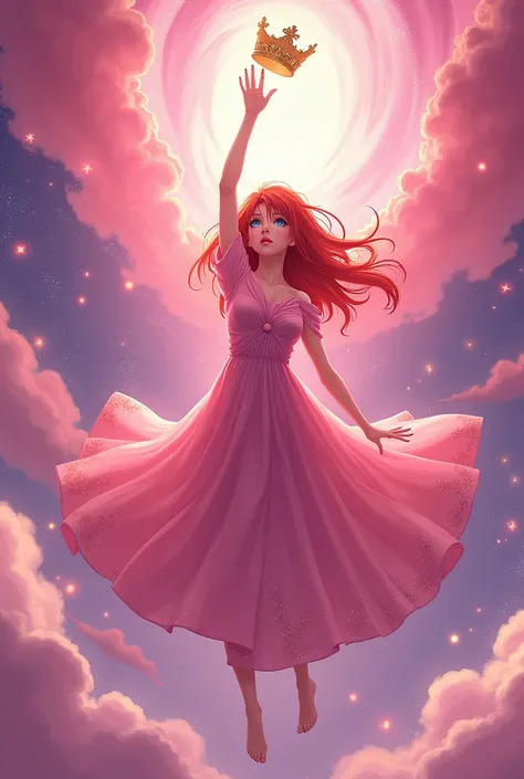 Vibrant red-haired girl ,  blue eyes , in a pink galaxy ,  stretching her hand skyward to reach her universal crown, as she floats in her pink dress , She is a Miss Universe , it is a goddess, swimming in the galaxy  ( anime style) aún más  anime style