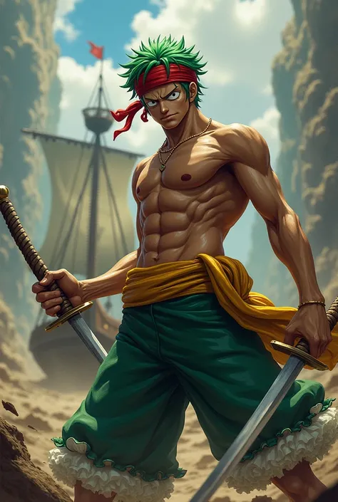 Create Roronoa Zoro with your 3 swords defending Luffy from the straw hat 