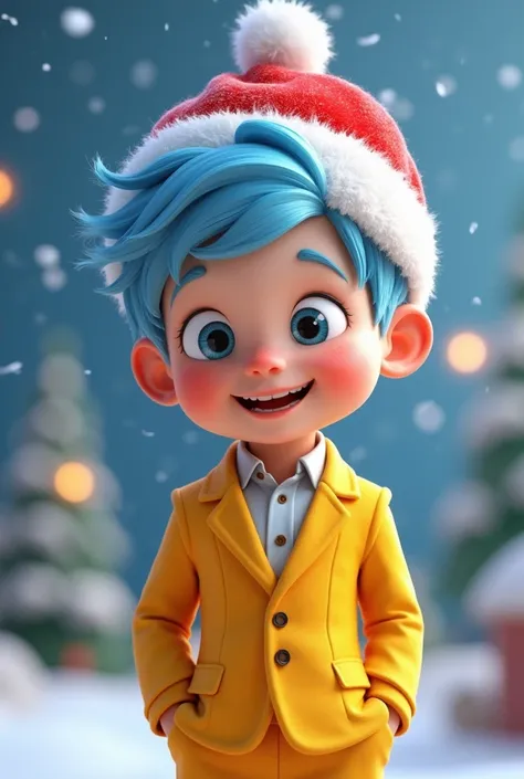 Create an animated boy with light blue hair,  yellow suit and a Christmas hat on his head